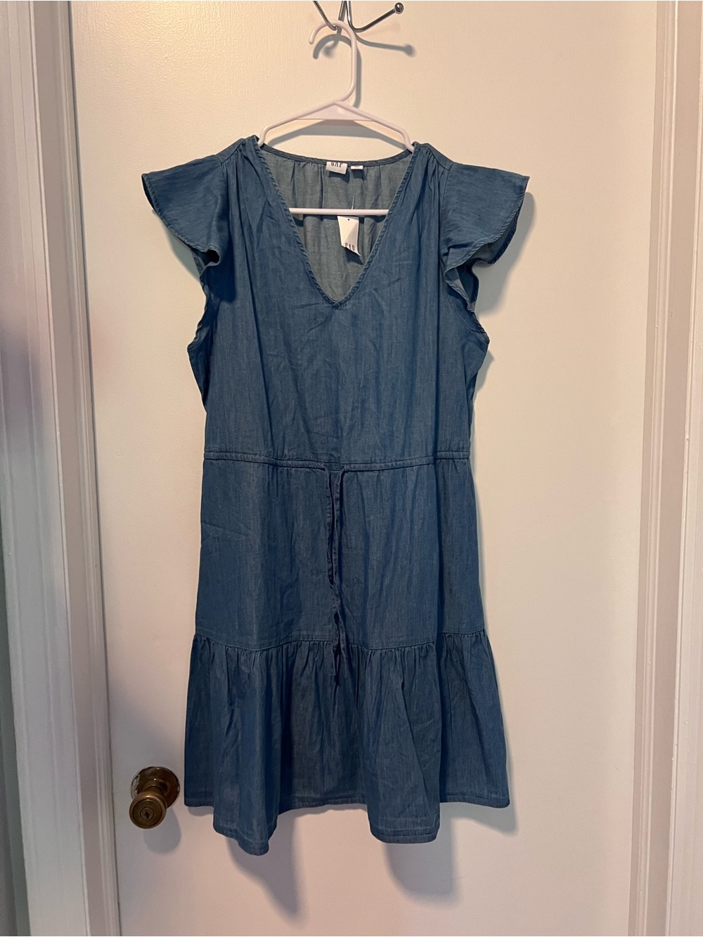 GAP Denim-Style V-Neck Tiered Mini Dress in Blue